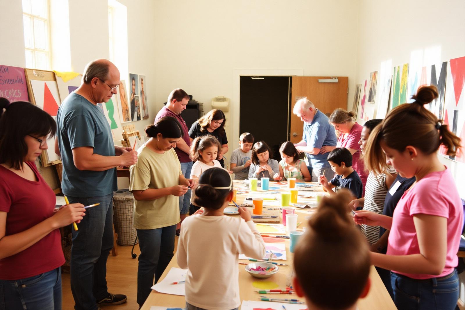 Adults and children painting together around a long table in a community hall