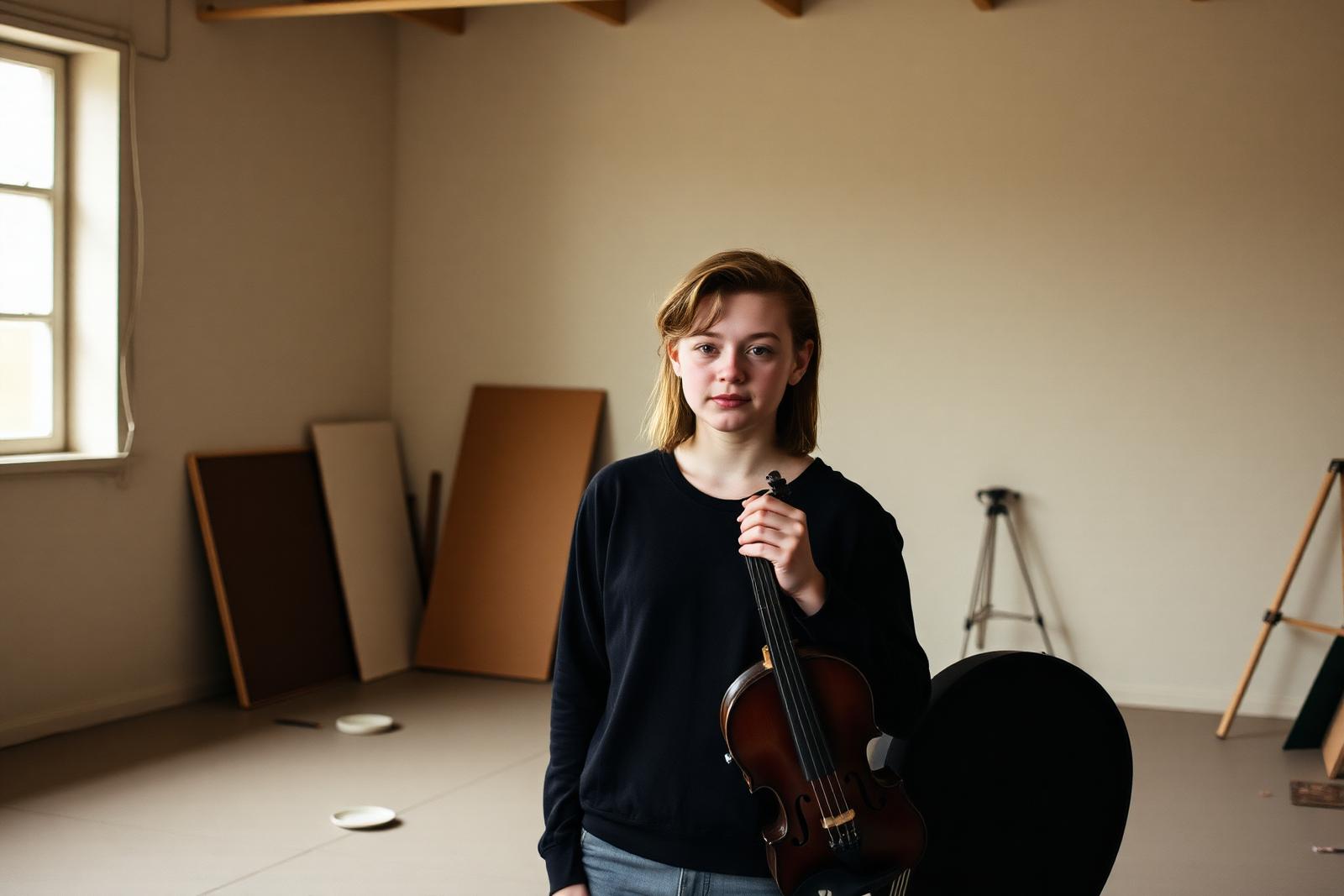 A young musician holding a violin in a bare studio lit by a single window