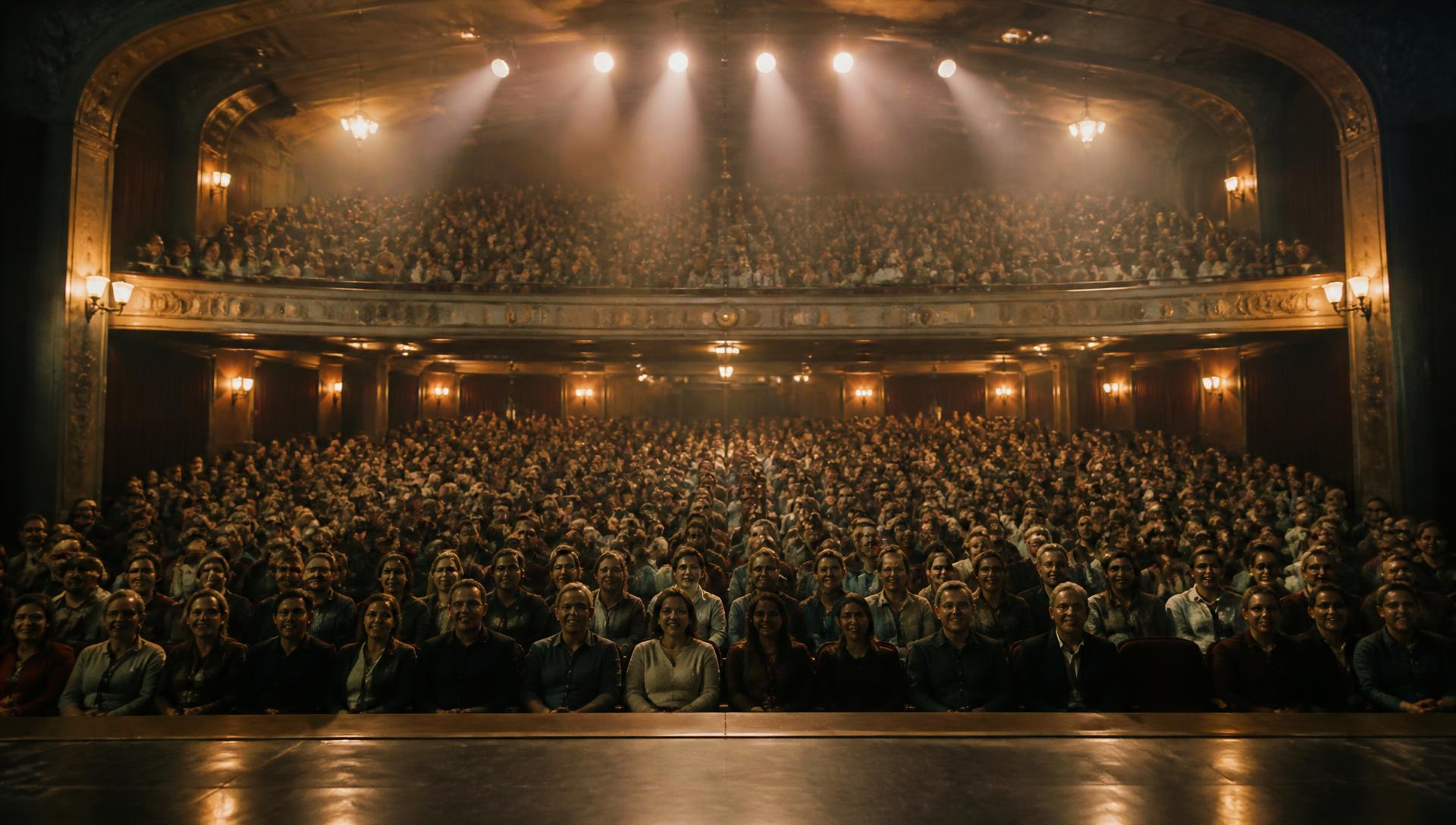 A full audience seated in a historic theater, seen from the stage