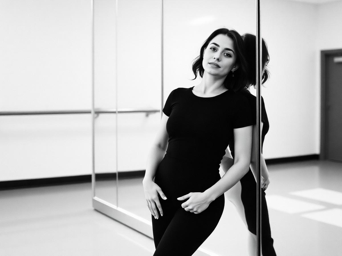 Black and white portrait of a choreographer leaning against a studio mirror