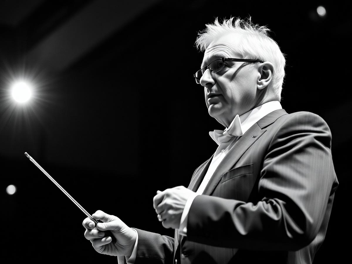 Black and white portrait of a conductor raising a baton in a concert hall