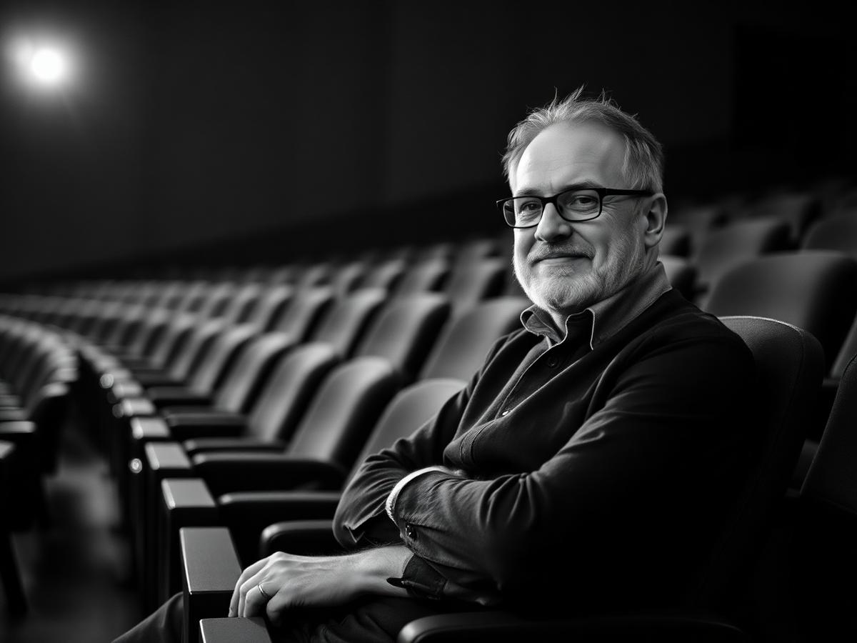 Black and white portrait of a theater director seated in an empty auditorium