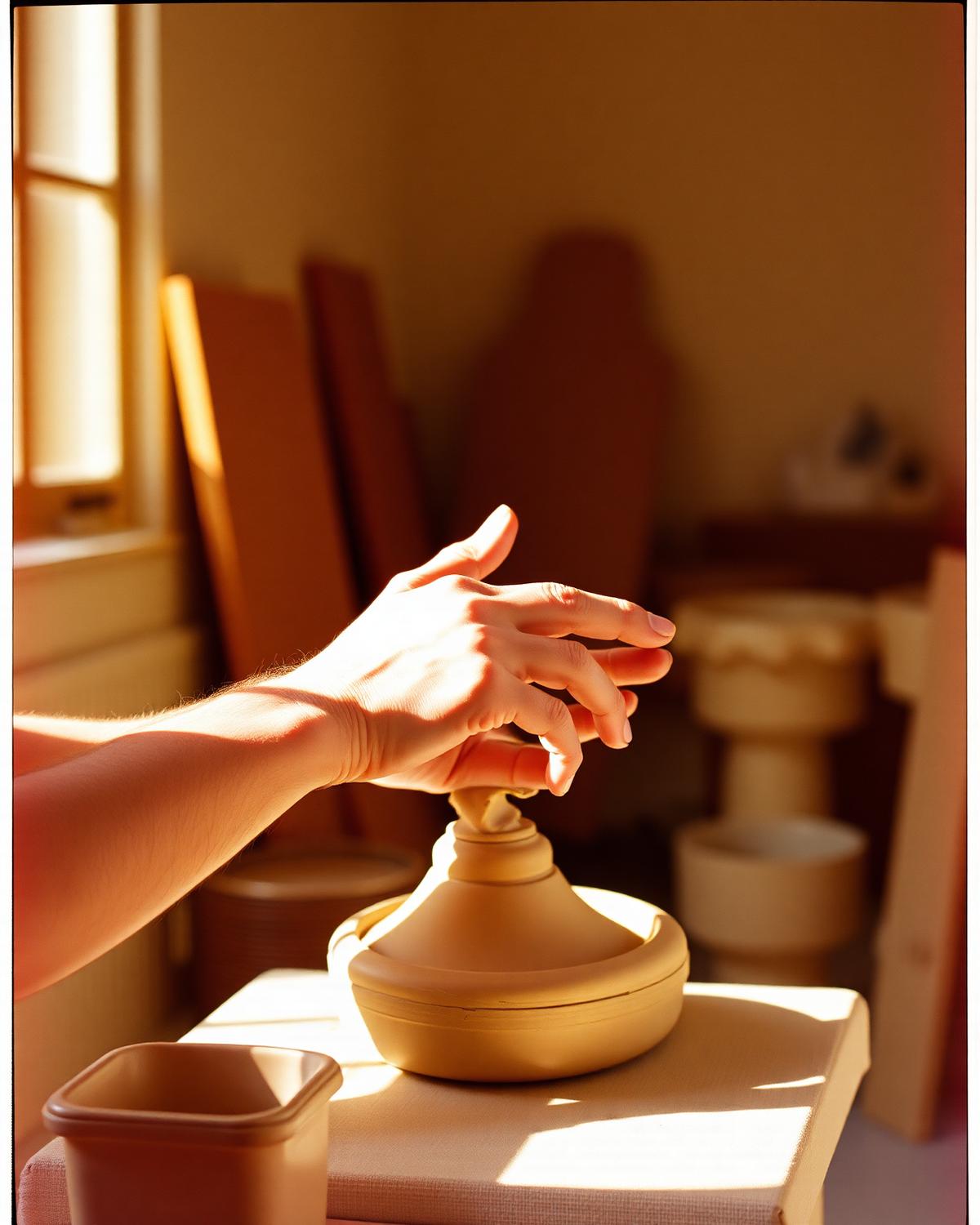 An artist's hands shaping clay in a sunlit studio