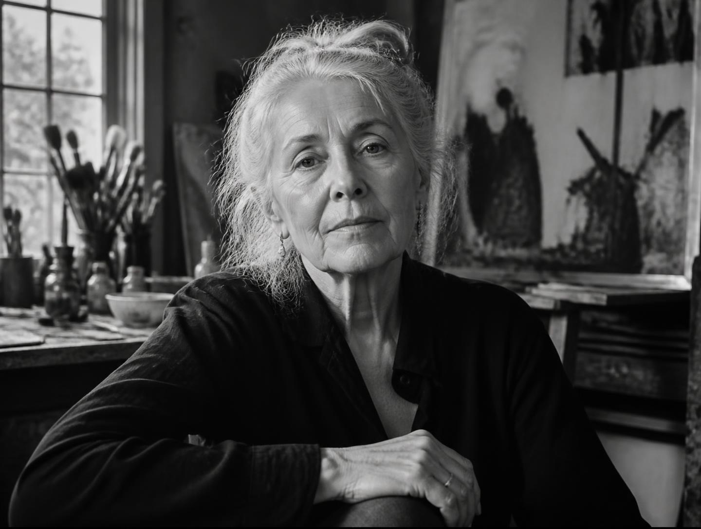 Black and white portrait of an artist seated in her studio surrounded by brushes